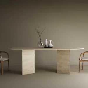 Oval Travertine Dining Table with Conical Pedestal Base
